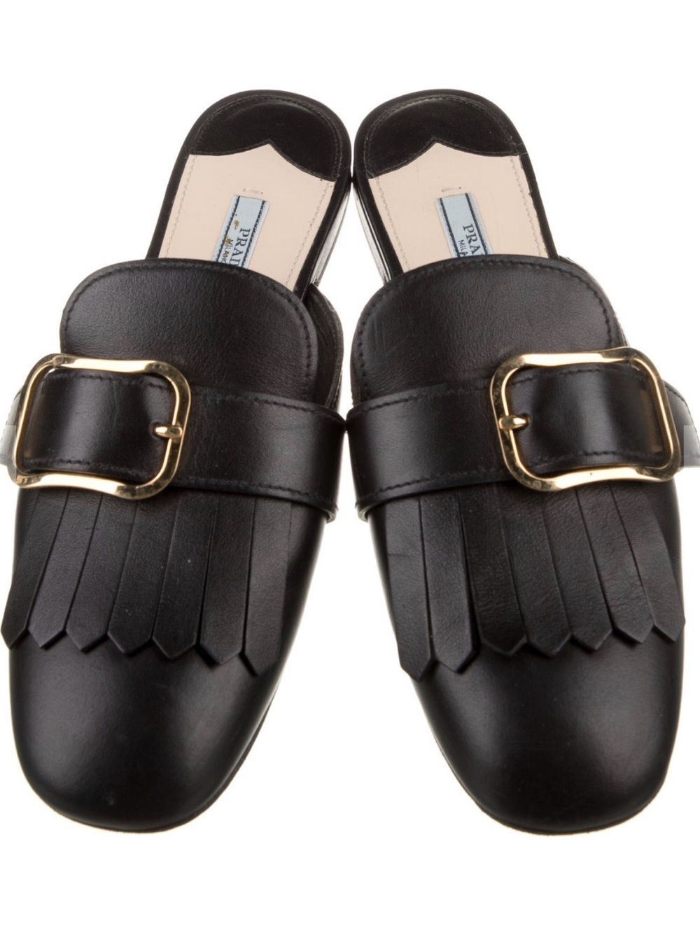 Prada Black Leather Kiltie Fringe Buckle Slip-On Mules EUC